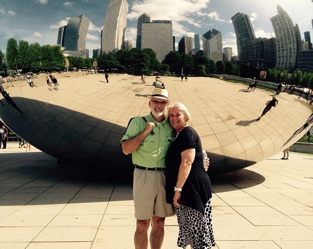 The Cloud Gate Sculpture, “Bean” is a famous attraction in Millennium Park Chicago. Artists Anish Kapoor made it out of 168 highly polished stainless steel plates. You can see the Chicago city scape reflected behind us. Amazing!