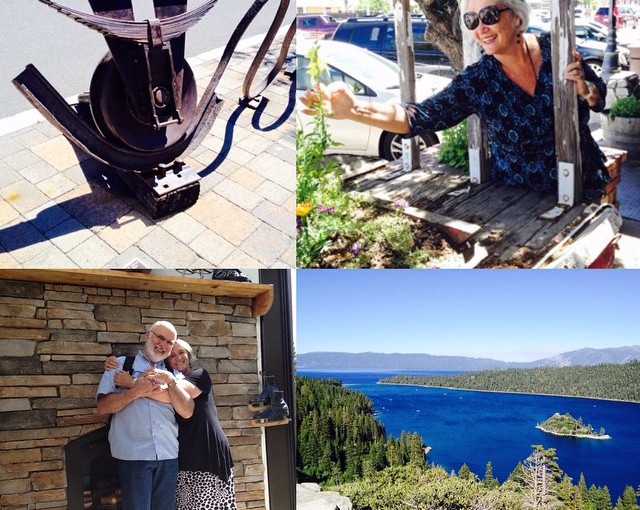 From left to right, bike rack made out is a train wheel and track, Peggy slowing down to enjoy the local flowers, she and I in the ski lodge, and a shot of Lake Tahoe.