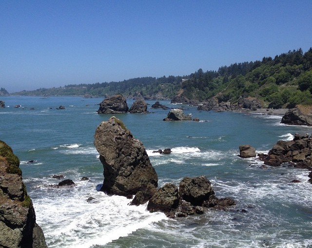This is Trinidad, coastal village north of Eureka. Sea stacks are rock formation that are left from constant wave erosion along the coastline.