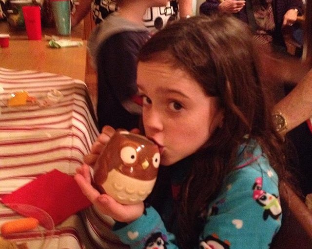 Enjoying tea in Aunt Melissa’s Owl cups